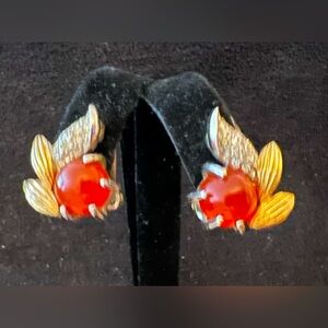 Elegant Vintage Red Cabochon Earrings with Gold Leaves. Signed Marvella
